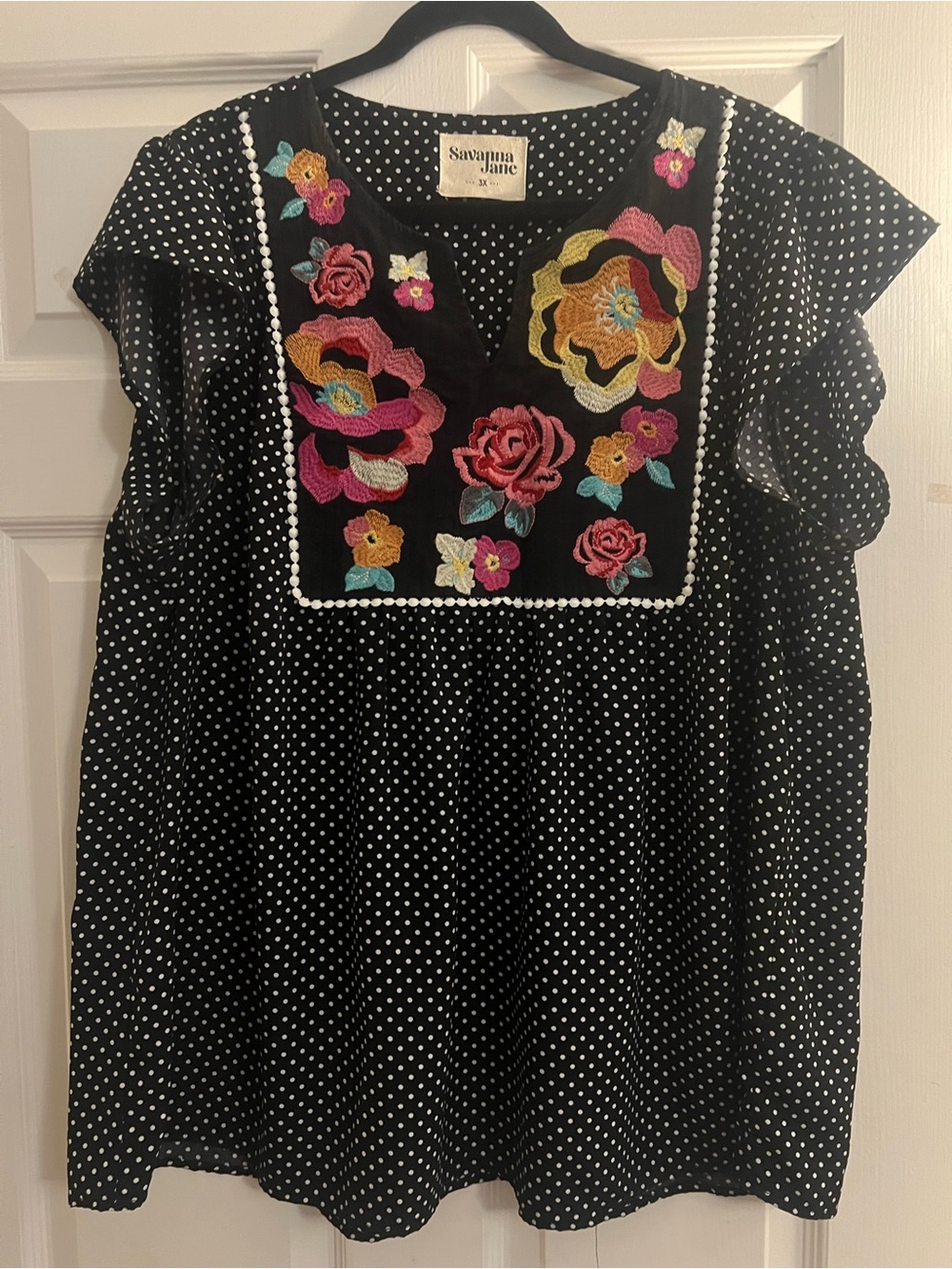 Savanna Jane Black Polka Dot Embroidered Floral Top - Multicolor Stitching